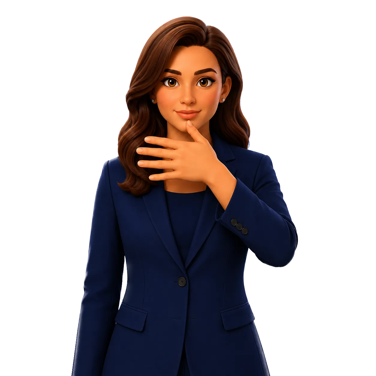holtzi SIGN avatar — corporate sign-language interpreter in a navy blazer with long brown hair