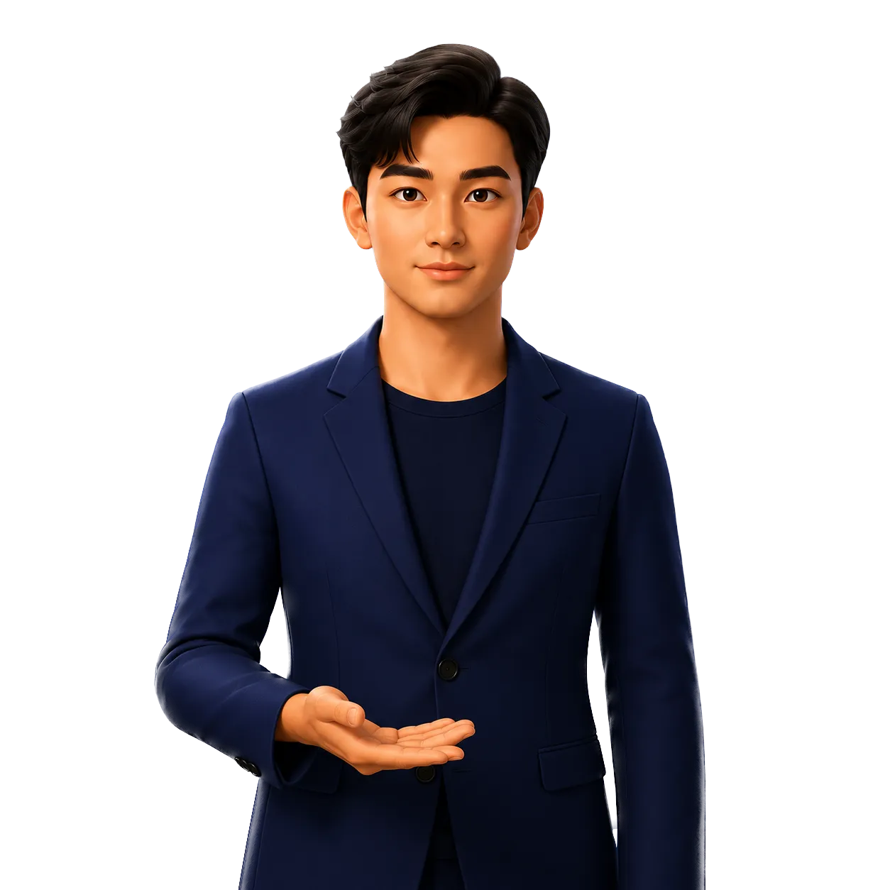 holtzi SIGN avatar — professional male sign-language interpreter in a navy blazer