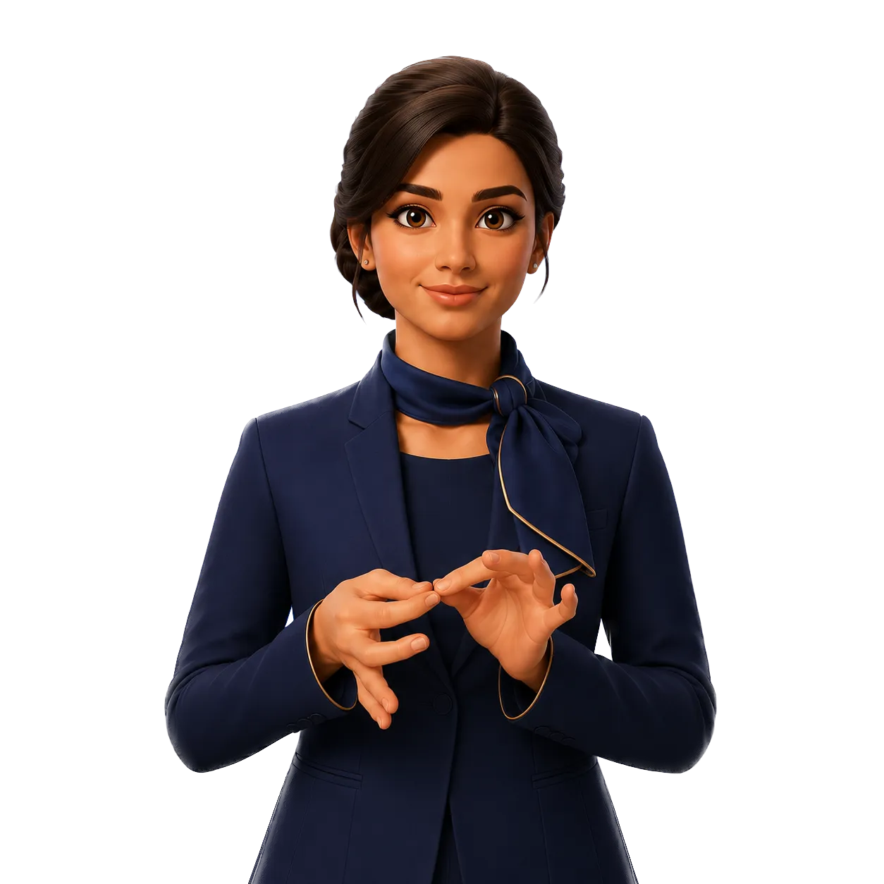 holtzi SIGN avatar — formal sign-language interpreter in a navy blouse, short dark hair