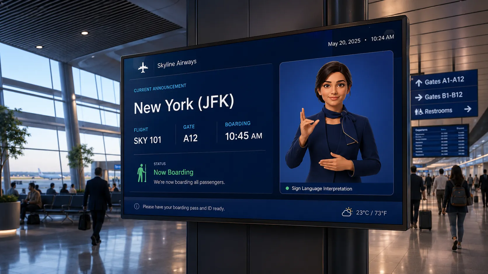 Airport flight announcement screen with a sign-language avatar interpreter