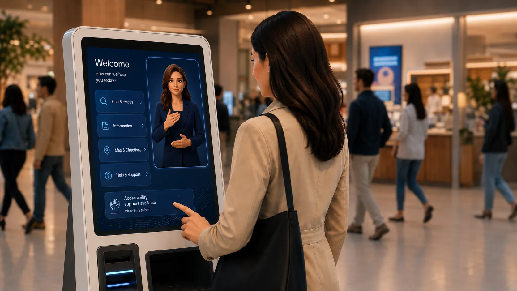 Self-service kiosk welcoming a customer with a sign-language avatar
