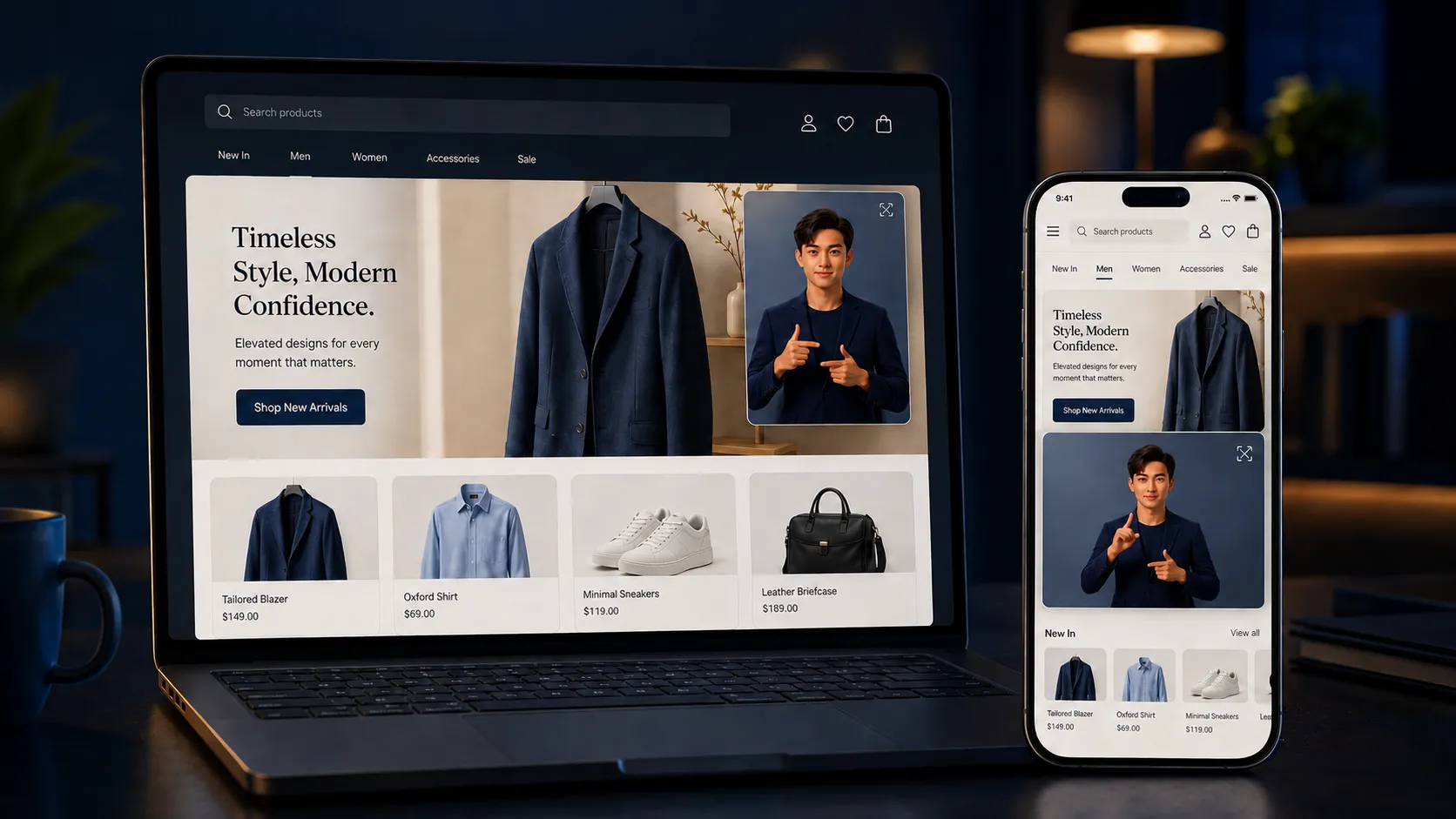 E-commerce website on a laptop and mobile phone showing a sign-language avatar